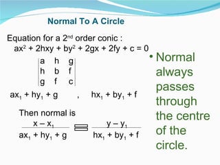 Normal To A Circle Equation for a 2 nd  order conic : ax 2  + 2hxy + by 2  + 2gx + 2fy + c = 0 Normal always passes through the centre of the circle. Then normal is x – x 1   y – y 1 ax 1  + hy 1  + g  hx 1  + by 1  + f  a  h  g h  b  f g  f  c   ax 1  + hy 1  + g  ,  hx 1  + by 1  + f  