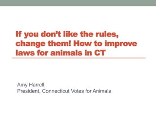 If you don’t like the rules,
change them! How to improve
laws for animals in CT
Amy Harrell
President, Connecticut Votes for Animals
 