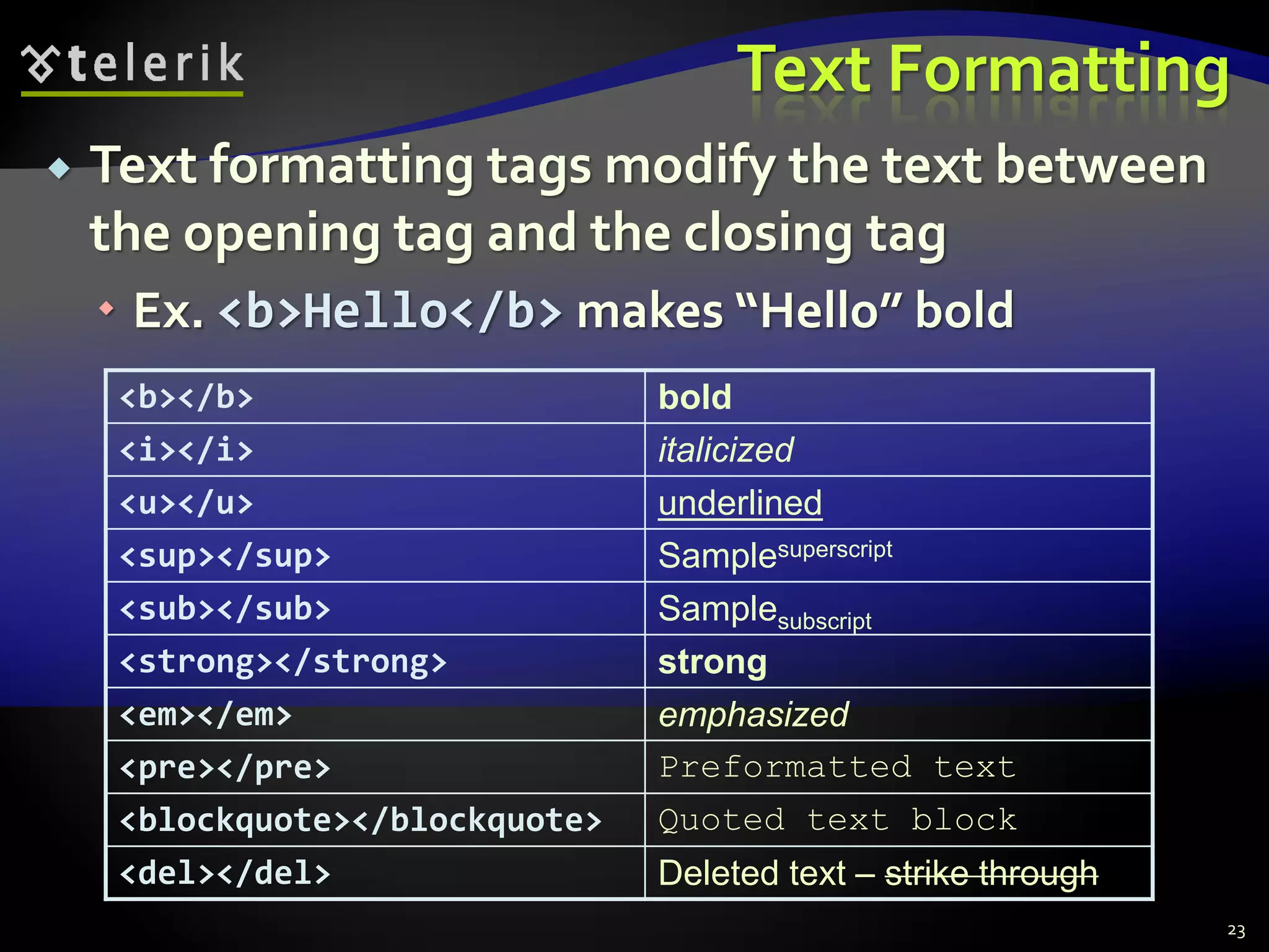 Text Formatting
 Text formatting tags modify the text between
the opening tag and the closing tag
 Ex. <b>Hello</b> makes “Hello” bold
<b></b> bold
<i></i> italicized
<u></u> underlined
<sup></sup> Samplesuperscript
<sub></sub> Samplesubscript
<strong></strong> strong
<em></em> emphasized
<pre></pre> Preformatted text
<blockquote></blockquote> Quoted text block
<del></del> Deleted text – strike through
23
 