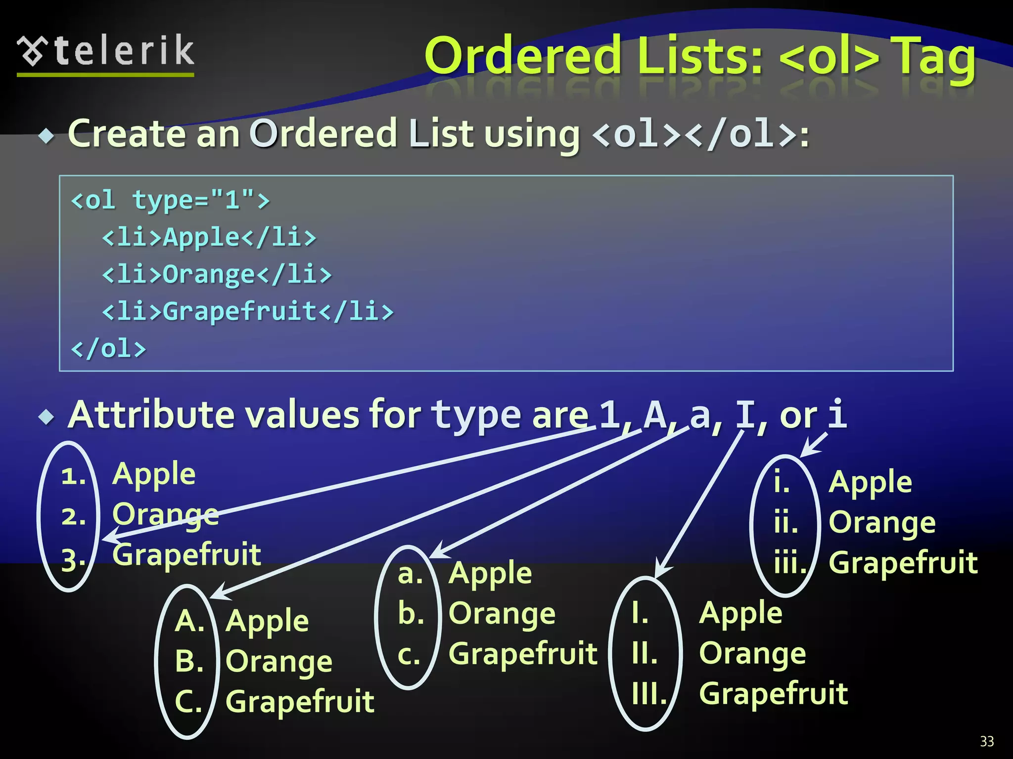 a. Apple
b. Orange
c. Grapefruit
Ordered Lists: <ol>Tag
 Create an Ordered List using <ol></ol>:
 Attribute values for type are 1, A, a, I, or i
33
1. Apple
2. Orange
3. Grapefruit
A. Apple
B. Orange
C. Grapefruit
I. Apple
II. Orange
III. Grapefruit
i. Apple
ii. Orange
iii. Grapefruit
<ol type="1">
<li>Apple</li>
<li>Orange</li>
<li>Grapefruit</li>
</ol>
 