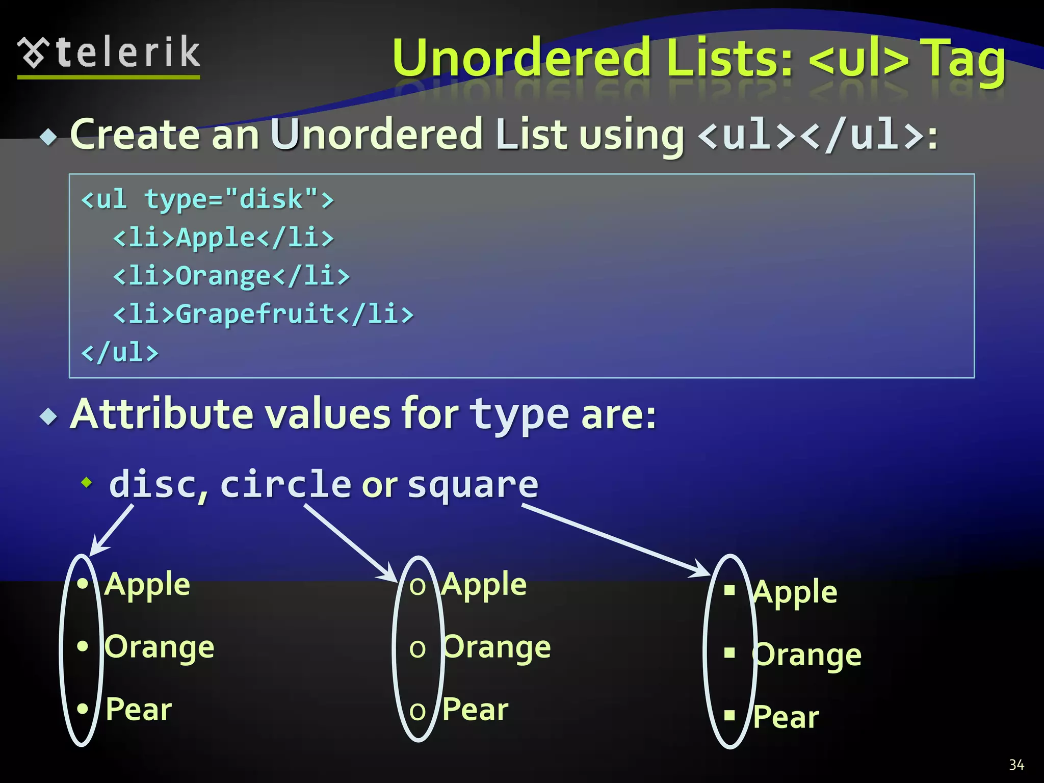 Unordered Lists: <ul>Tag
 Create an Unordered List using <ul></ul>:
 Attribute values for type are:
 disc, circle or square
34
• Apple
• Orange
• Pear
o Apple
o Orange
o Pear
 Apple
 Orange
 Pear
<ul type="disk">
<li>Apple</li>
<li>Orange</li>
<li>Grapefruit</li>
</ul>
 