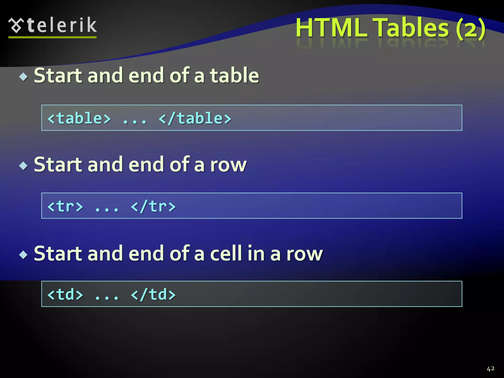 HTMLTables (2)
 Start and end of a table
 Start and end of a row
 Start and end of a cell in a row
42
<table> ... </table>
<tr> ... </tr>
<td> ... </td>
 