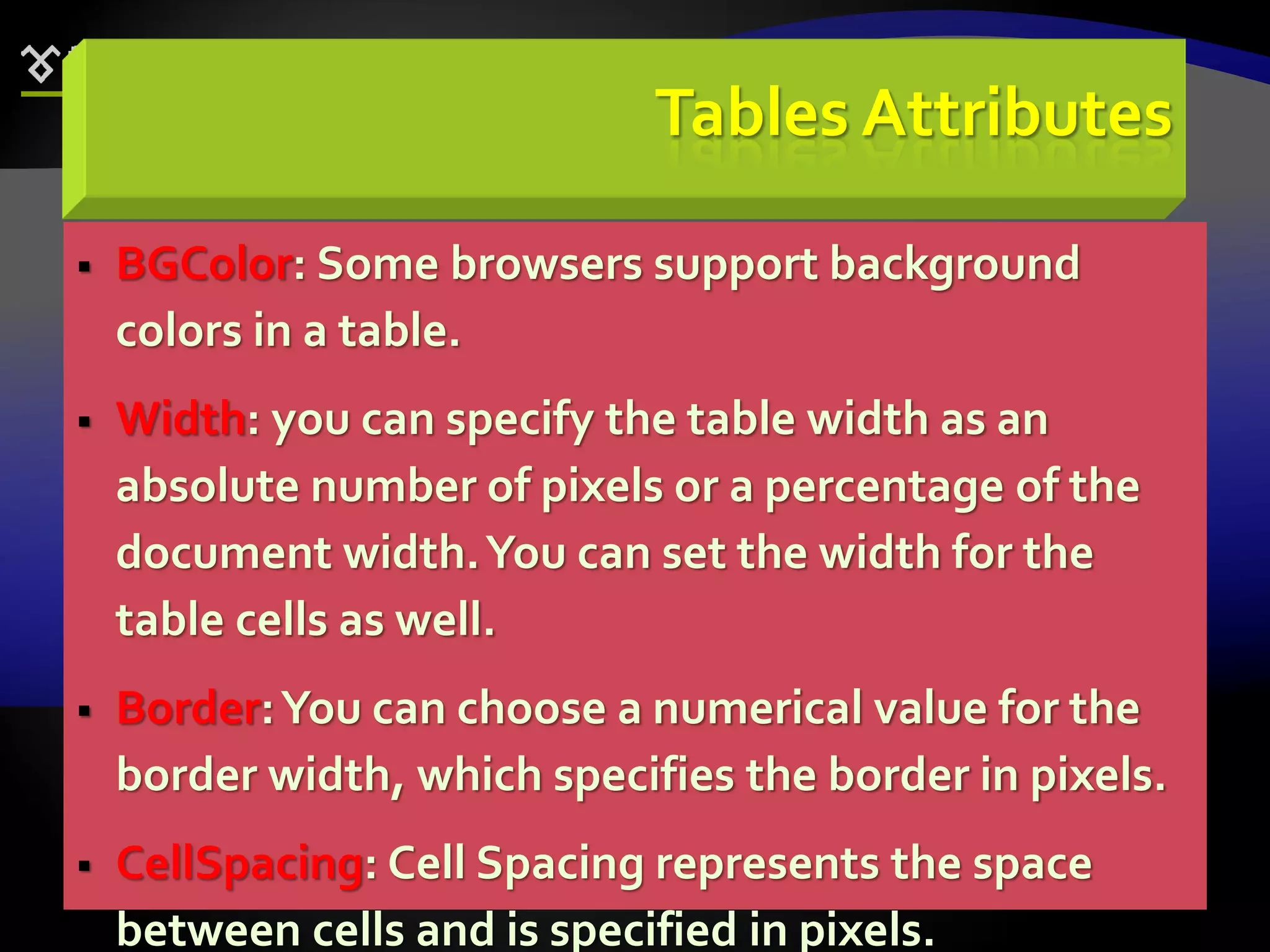 84
Tables Attributes
 BGColor: Some browsers support background
colors in a table.
 Width: you can specify the table width as an
absolute number of pixels or a percentage of the
document width.You can set the width for the
table cells as well.
 Border:You can choose a numerical value for the
border width, which specifies the border in pixels.
 CellSpacing: Cell Spacing represents the space
between cells and is specified in pixels.
 
