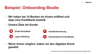 Namics.41
Beispiel: Onboarding-Studie
- Wir haben bei 14 Banken ein Konto eröffnet und
dazu eine Kreditkarte bestellt
- Unsere Ziele als Kunde
- Wenn immer möglich, haben wir den digitalen Kanal
gewählt
https://www.namics.com/news/2016/bankkunde-werden-huerden-in-digitalen-zeiten/
 