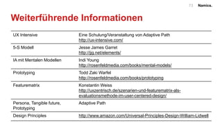 Namics.73
Weiterführende Informationen
UX Intensive Eine Schulung/Veranstaltung von Adaptive Path
http://ux-intensive.com/
5-S Modell Jesse James Garret
http://jjg.net/elements/
IA mit Mentalen Modellen Indi Young
http://rosenfeldmedia.com/books/mental-models/
Prototyping Todd Zaki Warfel
http://rosenfeldmedia.com/books/prototyping
Featurematrix Konstantin Weiss
http://uxzentrisch.de/szenarien-und-featurematrix-als-
evaluationsmethode-im-user-centered-design/
Persona, Tangible future,
Prototyping
Adaptive Path
Design Principles http://www.amazon.com/Universal-Principles-Design-William-Lidwell
 