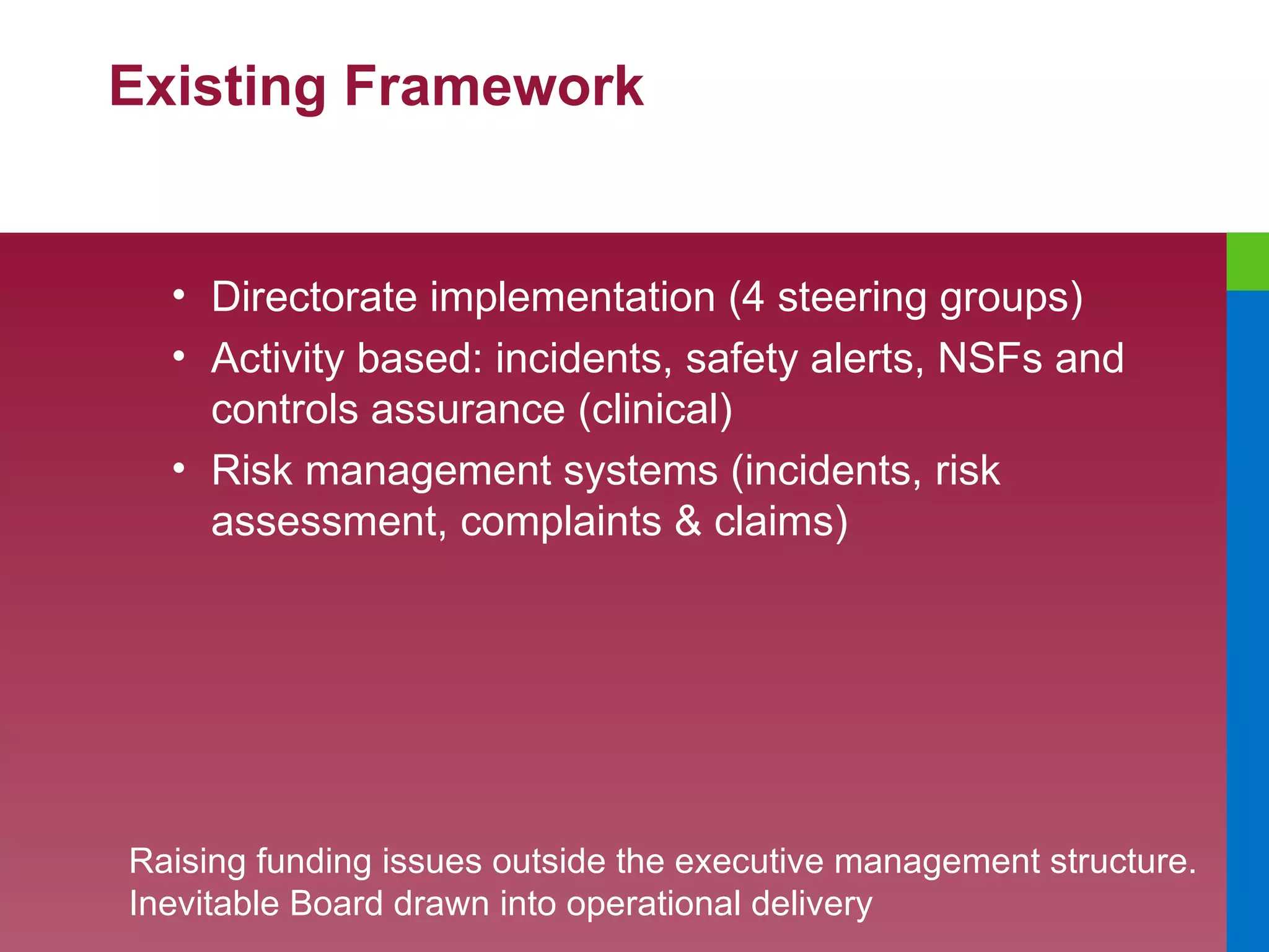 Existing Framework Directorate implementation (4 steering groups) Activity based: incidents, safety alerts, NSFs and controls assurance (clinical) Risk management systems (incidents, risk assessment, complaints & claims) Raising funding issues outside the executive management structure. Inevitable Board drawn into operational delivery 