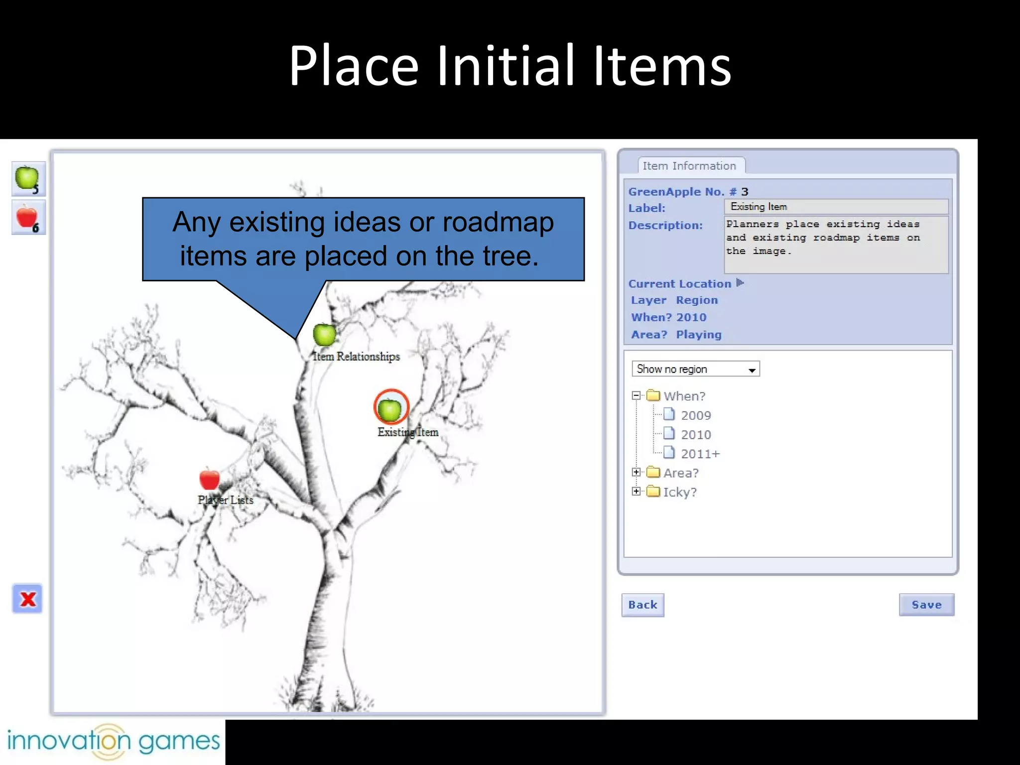 Place Initial Items Any existing ideas or roadmap items are placed on the tree.  