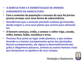 • A AGRICULTURA E A DOMESTICAÇAO DE ANIMAlS
• SURGIMENTO DA AGRICULTURA:
• Com o aumento da população e escasses da caça foi preciso
preciso arranjar uma nova forma de sobrevivência.
• Descobriram que a semente plantada acabava germinando,
dando origem a urna nova planta que serviria para alimentá-
los.
• O homem começou, então, a semear e colher trigo, cevada,
milho, batata, feijão, mandioca e arroz.
• Precisou ficar junto ao lugar onde plantava, o que acabou
levando-o a montar acampamentos perto das plantações.
Nesses acampamentos, ele vigiava o desenvolvimento dos
grãos e afugentava pássaros, animais ou outros homens rivais
que desejassem se apoderar de seus campos.
Introdução a Gastronomia
 