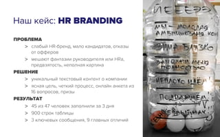 Наш кейс: HR BRANDING
ПРОБЛЕМА
>  слабый HR-бренд, мало кандидатов, отказы
от офферов
>  мешают фантазии руководителя или HRа,
предвзятость, неполная картина
РЕШЕНИЕ
>  уникальный текстовый контент о компании
>  ясная цель, четкий процесс, онлайн анкета из
16 вопросов, призы
РЕЗУЛЬТАТ
>  45 из 47 человек заполнили за 3 дня
>  900 строк таблицы
>  3 ключевых сообщения, 9 главных отличий
 