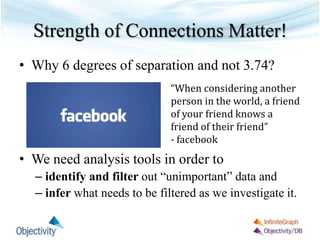Strength of Connections Matter!
• Why 6 degrees of separation and not 3.74?
• We need analysis tools in order to
– identify and filter out “unimportant” data and
– infer what needs to be filtered as we investigate it.
“When considering another
person in the world, a friend
of your friend knows a
friend of their friend”
- facebook
 