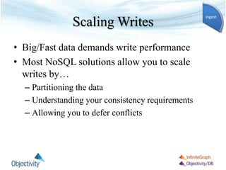 Scaling Writes
• Big/Fast data demands write performance
• Most NoSQL solutions allow you to scale
writes by…
– Partitioning the data
– Understanding your consistency requirements
– Allowing you to defer conflicts
Ingest
 