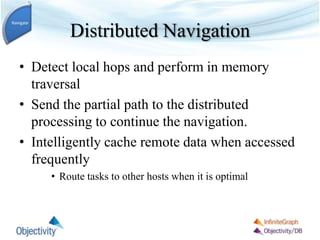 Distributed Navigation
• Detect local hops and perform in memory
traversal
• Send the partial path to the distributed
processing to continue the navigation.
• Intelligently cache remote data when accessed
frequently
• Route tasks to other hosts when it is optimal
Navigate
 