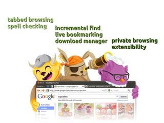 tabbed browsingtabbed browsing
spell checkingspell checking incremental findincremental find
live bookmarkinglive bookmarking
download managerdownload manager private browsingprivate browsing
extensibilityextensibility
 