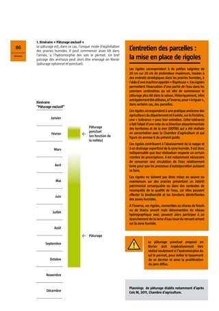 86 
Itinéraires 
1. Itinéraire « Pâturage exclusif » 
Le pâturage est, dans ce cas, l’unique mode d’exploitation 
des prairies humides. Il peut commencer assez tôt dans 
l’année, si l’hydromorphie des sols le permet. Un bref 
passage des animaux peut alors être envisagé en février 
(pâturage optionnel et ponctuel). 
Itinéraire 
Pâturage exclusif 
Janvier 
Pâturage 
ponctuel 
(en fonction de 
la météo) 
Février ← 
Mars 
Avril 
Mai 
Juin 
Juillet 
← Pâturage 
Août 
Septembre 
Octobre 
Novembre 
Décembre 
L’entretien des parcelles : 
la mise en place de rigoles 
Les rigoles correspondent à de petites saignées de 
20 cm sur 20 cm de profondeur maximum, tracées à 
des endroits stratégiques dans les prairies humides, à 
l’aide d’une machine appelée « Rigoleuse ». Ces rigoles 
permettent l’évacuation d’une partie de l’eau dans les 
premiers centimètres du sol afin de commencer le 
pâturage plus tôt dans la saison. Historiquement, elles 
ont également été utilisées, à l’inverse, pour « irriguer », 
dans certains cas, des parcelles. 
Ces rigoles correspondent à une pratique ancienne des 
agriculteurs du département et il existe, sur le Finistère, 
une « tolérance » pour leur entretien. Cette tolérance 
a fait l’objet d’une note de la Direction départementale 
des territoires et de la mer (DDTM) qui a été réalisée 
en concertation avec la Chambre d’agriculture et qui 
figure en annexe 6 du présent guide. 
Ces rigoles contribuent à l’abaissement de la nappe et 
à un drainage superficiel de la zone humide. Il est donc 
indispensable que leur réalisation respecte un certain 
nombre de prescriptions. Il est notamment nécessaire 
de conserver une circulation de l’eau relativement 
lente pour que les processus d’autoépuration puissent 
se faire. 
Ces rigoles ne doivent pas êtres mises en oeuvre ou 
maintenues sur des prairies présentant un intérêt 
patrimonial remarquable ou dans des contextes de 
reconquête de la qualité de l’eau, car elles peuvent 
affecter la biodiversité et les fonctions dénitrifiantes 
des zones humides. 
A l’inverse, ces rigoles, connectées au réseau de fossés 
ou de drains amont mais déconnectées du réseau 
hydrographique aval, peuvent alors participer à un 
épanchement de la lame d’eau issue du versant amont 
sur la zone humide. 
Le pâturage ponctuel proposé en 
février doit impérativement être 
réalisé seulement si l’hydromorphie du 
sol le permet, pour éviter le tassement 
de ce dernier et ainsi la prolifération 
du jonc diffus. 
Plannings de pâturage établis notamment d’après 
Coïc M, 2011, Chambre d’agriculture. 
 