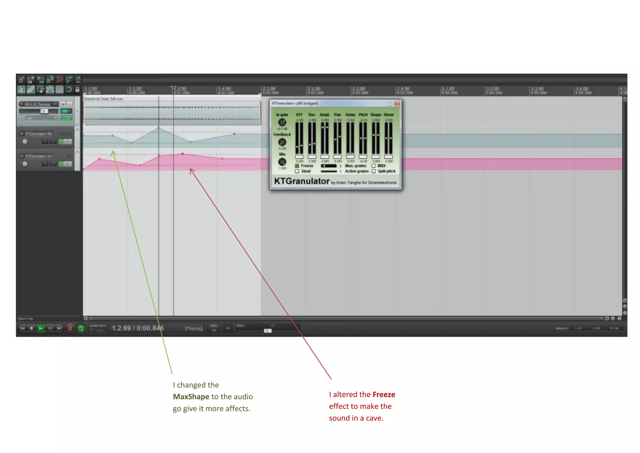 I changed the
MaxShape to the audio
go give it more affects.
I altered the Freeze
effect to make the
sound in a cave.
KT Granulator