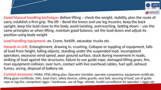 Good Manual handling technique: Before lifting – check the weight, stability, plan the route of
carry, establish a firm grip. The lift – Bend the knees and use leg muscles, keep the back
upright, keep the load close to the body, avoid twisting, overreaching. Setting down – use the
same principles as when lifting, maintain good balance, set the load down and adjust its
position using body weight
Load handling equipment: ex. Crane, forklift, excavator, trucks etc.
Hazards in LHE: Entanglement, drawing in, crushing, Collapse or toppling of equipment, falls
of load from height, falling objects, standing under the suspended load, incompetent
operators, excessive wind speed, poor ground surface, stuck during movement in roads,
striking of load against the structures, failure to use guide rope, damaged lifting gears, fire,
man equipment collision, over turn, contact with live overhead cables, fuel spill, exhaust
fumes, arcing, disposal of battery etc
Control measures: MSRA, PTW, Lifting plan, Operator checklist, operator competency, equipment certificate,
lifting gears certificate, SWL, load chart, safety devices, safety guards, seat belt, securing of load, use of guide
rope or tag line, competent rigger / banksman, use of flags, whistle, health surveillance for operator / rigger etc
 