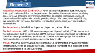 Hazardous substances (CHEMICAL): refers to any product (solid, dust, mist, vapor,
liquid, gas) or chemical that has the properties of explosive, flammable, irritant, oxidizing,
toxic, corrosive or toxic to environment. Hazardous to peoples health gives acute and
chronic effects like asphyxiation, carcinogenicity, allergy, rash, burns, breathing difficulty,
eye irritation, skin corrosion, dermatitis, reproductive toxicity, respiratory sensitization,
asbestosis etc
Routes of entry: Inhalation, ingestion, injection, absorption
Control measure: MSDS, PPE, waste management disposal, spill kit, COSHH assessment,
Fire extinguisher, dip tray, training, RA, SSOW, chemical with identified label, safe storage of
chemicals in designated room, appointed ERT contact numbers signage, Fire retardant
room, ventilation, eye wash stations, emergency showers etc
MSDS: Material Safety Data Sheet contains 16 information. Provide sufficient
information, steps to ensure safe use, including transport and disposal. Shall
be communicated to site workforce
Element 7
 