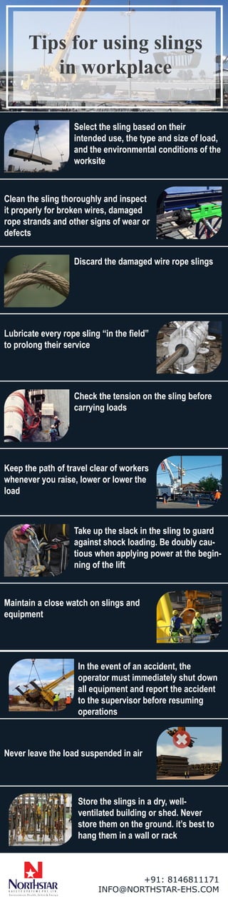 Tips for using slings
in workplace
Select the sling based on their
intended use, the type and size of load,
and the environmental conditions of the
worksite
Clean the sling thoroughly and inspect
it properly for broken wires, damaged
rope strands and other signs of wear or
defects
Discard the damaged wire rope slings
Check the tension on the sling before
carrying loads
Take up the slack in the sling to guard
against shock loading. Be doubly cau-
tious when applying power at the begin-
ning of the lift
Lubricate every rope sling “in the field”
to prolong their service
Keep the path of travel clear of workers
whenever you raise, lower or lower the
load
Maintain a close watch on slings and
equipment
In the event of an accident, the
operator must immediately shut down
all equipment and report the accident
to the supervisor before resuming
operations
Store the slings in a dry, well-
ventilated building or shed. Never
store them on the ground. it’s best to
hang them in a wall or rack
Never leave the load suspended in air
+91: 8146811171
INFO@NORTHSTAR-EHS.COMS A F E T Y S Y S T E M Z P V T . L T D .
Environm e nt, He a lth, Sa fe ty & Ene rg y
 