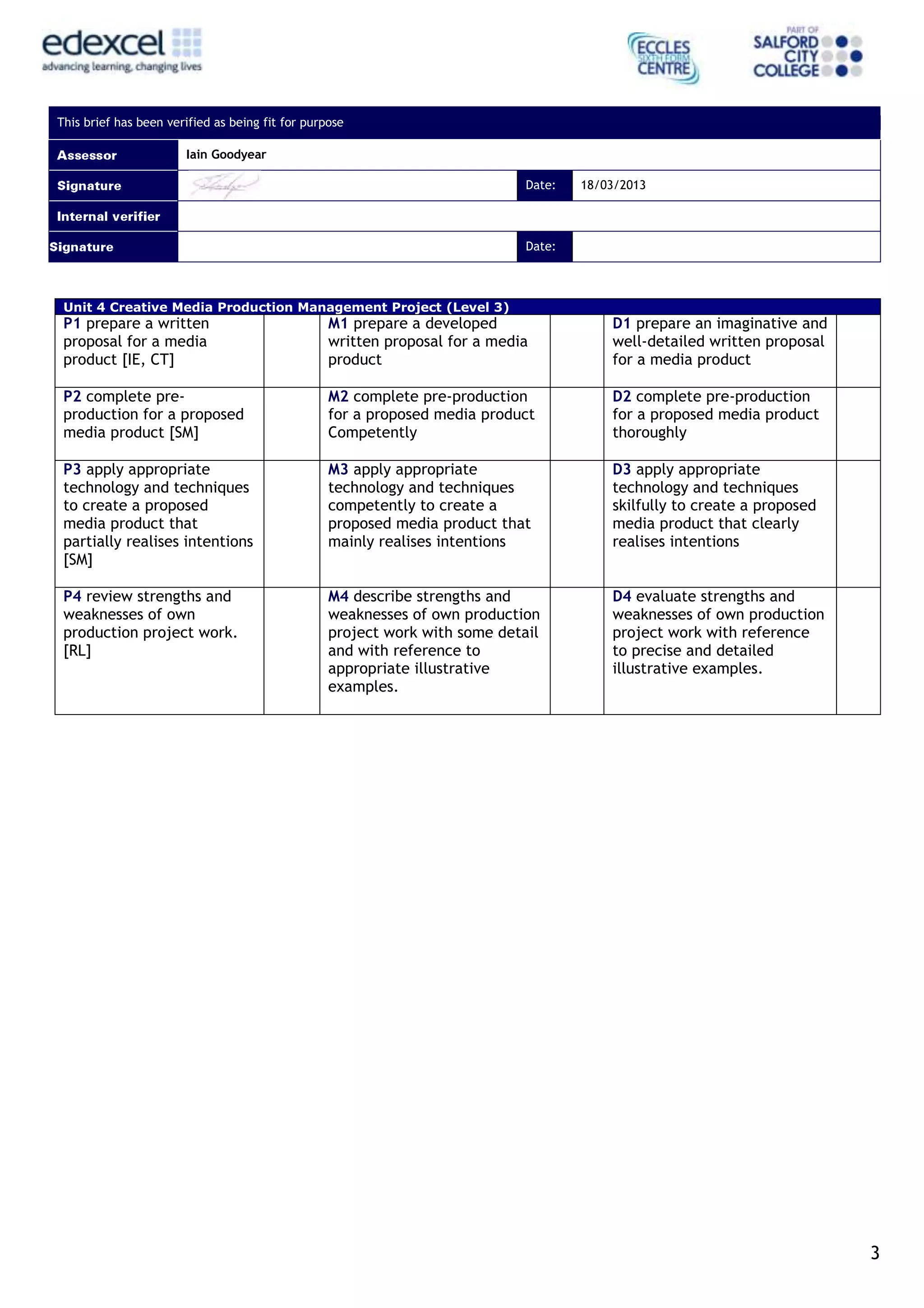 This brief has been verified as being fit for purpose

                       Iain Goodyear

                                                                             Date:   18/03/2013



                                                                             Date:



 Unit 4 Creative Media Production Management Project (Level 3)
 P1 prepare a written                             M1 prepare a developed                 D1 prepare an imaginative and
 proposal for a media                             written proposal for a media           well-detailed written proposal
 product [IE, CT]                                 product                                for a media product

 P2 complete pre-                                 M2 complete pre-production             D2 complete pre-production
 production for a proposed                        for a proposed media product           for a proposed media product
 media product [SM]                               Competently                            thoroughly

 P3 apply appropriate                             M3 apply appropriate                   D3 apply appropriate
 technology and techniques                        technology and techniques              technology and techniques
 to create a proposed                             competently to create a                skilfully to create a proposed
 media product that                               proposed media product that            media product that clearly
 partially realises intentions                    mainly realises intentions             realises intentions
 [SM]

 P4 review strengths and                          M4 describe strengths and              D4 evaluate strengths and
 weaknesses of own                                weaknesses of own production           weaknesses of own production
 production project work.                         project work with some detail          project work with reference
 [RL]                                             and with reference to                  to precise and detailed
                                                  appropriate illustrative               illustrative examples.
                                                  examples.




                                                                                                                          3
 