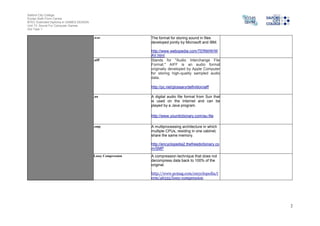 Salford City College
Eccles Sixth Form Centre
BTEC Extended Diploma in GAMES DESIGN
Unit 73: Sound For Computer Games
IG2 Task 1
2
.wav The format for storing sound in files
developed jointly by Microsoft and IBM.
http://www.webopedia.com/TERM/W/W
AV.html
.aiff Stands for "Audio Interchange File
Format." AIFF is an audio format
originally developed by Apple Computer
for storing high-quality sampled audio
data.
http://pc.net/glossary/definition/aiff
.au A digital audio file format from Sun that
is used on the Internet and can be
played by a Java program.
http://www.yourdictionary.com/au-file
.smp A multiprocessing architecture in which
multiple CPUs, residing in one cabinet,
share the same memory.
http://encyclopedia2.thefreedictionary.co
m/SMP
Lossy Compression A compression technique that does not
decompress data back to 100% of the
original.
http://www.pcmag.com/encyclopedia/t
erm/46335/lossy-compression
 