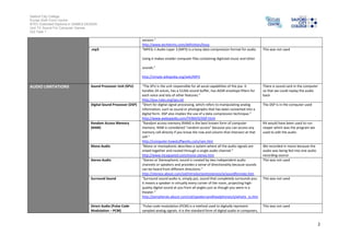 Salford City College
Eccles Sixth Form Centre
BTEC Extended Diploma in GAMES DESIGN
Unit 73: Sound For Computer Games
IG2 Task 1
2
version.”
http://www.techterms.com/definition/lossy
.mp3 “MPEG-1 Audio Layer 3 (MP3) is a lossy data compression format for audio.
Using it makes smaller computer files containing digitized music and other
sounds.”
http://simple.wikipedia.org/wiki/MP3
This was not used
AUDIO LIMITATIONS Sound Processor Unit (SPU) “The SPU is the unit responsible for all aural capabilities of the psx. It
handles 24 voices, has a 512kb sound buffer, has ADSR envelope filters for
each voice and lots of other features.”
http://psx.rules.org/spu.txt
There is sound card in the computer
so that we could replay the audio
back
Digital Sound Processor (DSP) “Short for digital signal processing, which refers to manipulating analog
information, such as sound or photographs that has been converted into a
digital form. DSP also implies the use of a data compression technique.”
http://www.webopedia.com/TERM/D/DSP.html
The DSP is in the computer used
Random Access Memory
(RAM)
“Random access memory (RAM) is the best known form of computer
memory. RAM is considered "random access" because you can access any
memory cell directly if you know the row and column that intersect at that
cell.”
http://computer.howstuffworks.com/ram.htm
RA would have been used to run
reaper which was the program we
used to edit the audio
Mono Audio “Mono or monophonic describes a system where all the audio signals are
mixed together and routed through a single audio channel.”
http://www.mcsquared.com/mono-stereo.htm
We recorded in mono because the
audio was being fed into one audio
recording source
Stereo Audio “Stereo or Stereophonic sound is created by two independent audio
channels or speakers and provides a sense of directionality because sounds
can be heard from different directions.”
http://stereos.about.com/od/introductiontostereos/a/soundformats.htm
This was not used
Surround Sound “Surround sound audio is, simply put, sound that completely surrounds you.
It means a speaker in virtually every corner of the room, projecting high-
quality digital sound at you from all angles just as though you were in a
theater.”
http://peripherals.about.com/od/speakersandheadphones/a/whatis_ss.htm
This was not used
Direct Audio (Pulse Code
Modulation – PCM)
“Pulse-code modulation (PCM) is a method used to digitally represent
sampled analog signals. It is the standard form of digital audio in computers,
This was not used
 