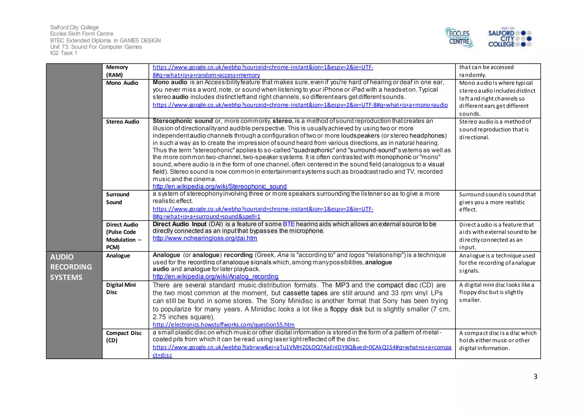 Salford City College
Eccles Sixth Form Centre
BTEC Extended Diploma in GAMES DESIGN
Unit 73: Sound For Computer Games
IG2 Task 1
3
Memory
(RAM)
https://www.google.co.uk/webhp?sourceid=chrome-instant&ion=1&espv=2&ie=UTF-
8#q=what+is+a+random+access+memory
that can be accessed
randomly.
Mono Audio 1. Mono audio is an Accessibilityfeature that makes sure,even if you're hard of hearing or deaf in one ear,
you never miss a word,note, or sound when listening to your iPhone or iPad with a headseton.Typical
stereo audio includes distinctleftand right channels,so differentears getdifferentsounds.
https://www.google.co.uk/webhp?sourceid=chrome-instant&ion=1&espv=2&ie=UTF-8#q=what+is+a+mono+audio
Mono audiois where typical
stereoaudioincludesdistinct
left andright channels so
different ears get different
sounds.
Stereo Audio Stereophonic sound or, more commonly, stereo, is a method ofsound reproduction thatcreates an
illusion ofdirectionalityand audible perspective.This is usuallyachieved by using two or more
independentaudio channels through a configuration oftwo or more loudspeakers (or stereo headphones)
in such a way as to create the impression ofsound heard from various directions,as in natural hearing.
Thus the term "stereophonic"applies to so-called "quadraphonic"and "surround-sound"systems as well as
the more common two-channel,two-speaker systems.It is often contrasted with monophonic or "mono"
sound,where audio is in the form of one channel,often centered in the sound field (analogous to a visual
field). Stereo sound is now common in entertainmentsystems such as broadcastradio and TV, recorded
music and the cinema.
http://en.wikipedia.org/wiki/Stereophonic_sound
Stereo audio is a methodof
soundreproduction that is
directional.
Surround
Sound
a system of stereophonyinvolving three or more speakers surrounding the listener so as to give a more
realistic effect.
https://www.google.co.uk/webhp?sourceid=chrome-instant&ion=1&espv=2&ie=UTF-
8#q=what+is+a+surround+sound&spell=1
Surroundsoundis soundthat
gives you a more realistic
effect.
Direct Audio
(Pulse Code
Modulation –
PCM)
Direct Audio Input (DAI) is a feature of some BTE hearing aids which allows an external source to be
directly connected as an inputthat bypasses the microphone.
http://www.nchearingloss.org/dai.htm
Direct audio is a feature that
aids withexternal soundto be
directlyconnected as an
input.
AUDIO
RECORDING
SYSTEMS
Analogue Analogue (or analogue) recording (Greek, Ana is "according to" and logos "relationship") is a technique
used for the recording ofanalogue signals which,among manypossibilities, analogue
audio and analogue for later playback.
http://en.wikipedia.org/wiki/Analog_recording
Analogue is a technique used
for the recording ofanalogue
signals.
Digital Mini
Disc
There are several standard music distribution formats. The MP3 and the compact disc (CD) are
the two most common at the moment, but cassette tapes are still around and 33 rpm vinyl LPs
can still be found in some stores. The Sony Minidisc is another format that Sony has been trying
to popularize for many years. A Minidisc looks a lot like a floppy disk but is slightly smaller (7 cm,
2.75 inches square).
http://electronics.howstuffworks.com/question55.htm
A digital mini disc looks like a
floppydisc but is slightly
smaller.
Compact Disc
(CD)
a small plastic disc on which music or other digital information is stored in the form of a pattern of metal-
coated pits from which it can be read using laser lightreflected off the disc.
https://www.google.co.uk/webhp?tab=ww&ei=aTu1VMH2DLOQ7AaEnIDYBQ&ved=0CAkQ1S4#q=what+is+a+compa
ct+disc
A compact disc is a disc which
holds either music or other
digital information.
 