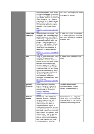 proposed by Sony and Philips in 1980
and the technology was introduced to
the U.S. market in 1983. CDs can hold
up to 700 MB of data or 80 minutes of
audio. The data on a CD is stored as
small notches on the disc and is read
by a laser from an optical drive. The
drives translate the notches (which
represent 1's and 0's) into usable
data.
http://www.techterms.com/definitio
n/cd
data which is read by a laser inside
a computer or laptop.
Digital Audio
Tape (DAT)
Acronym for digital audio tape, a type
of magnetic tape that uses a scheme
called helical scan to record data. A
DAT cartridge is slightly larger than a
credit card in width and height and
contains a magnetic tape that can
hold from 2 to 24 gigabytes of data. It
can support data transfer rates of
about 2 MBps. Like other types of
tapes, DATs are sequential-access
media.
http://www.webopedia.com/TERM/D
/DAT.html
A “DAT” also known as a cassette
is an older way to store or record
data which is caused by a form of
magnetic tape.
MIDI Stands for "Musical Instrument Digital
Interface." It is a connectivity
standard that musicians use to hook
together musical instruments (such as
keyboards and synthesizers) and
computer equipment. Using MIDI, a
musician can easily create and edit
digital music tracks. The MIDI system
records the notes played, the length
of the notes, the dynamics (volume
alterations), the tempo, the
instrument being played, and
hundreds of other parameters, called
control changes.
http://www.techterms.com/definitio
n/midi
Is used to easily create tracks of
audio.
Software
Sequencers
An electronic device or software
program that can be instructed to
order and modify digitally stored
musical sounds for playback, as
through a synthesizer.
http://www.thefreedictionary.com/se
quencer
Software sequencers are a
program that sorts through
digitally stored audio tracks.
Software
Plug-ins
In computing, a plug-in (or plugin,
extension, or add-on / addon) is a
software component that adds a
specific feature to an existing
software application. When an
application supports plug-ins, it
enables customization. The common
examples are the plug-ins used in web
browsers to add new features such as
search-engines, virus scanners, or the
ability to utilize a new file type such
as a new video format. Well-known
browser plug-ins include the Adobe
Flash Player, the QuickTime Player,
and the Java plug-in, which can
I an application on a computer
which allows customization of
certain features of web browser
or a new video viewing format.
 