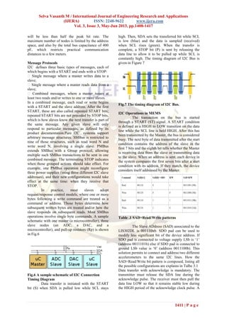 Selva Vasanth M / International Journal of Engineering Research and Applications
(IJERA) ISSN: 2248-9622 www.ijera.com
Vol. 3, Issue 3, May-Jun 2013, pp.1408-1417
1411 | P a g e
will be less than half the peak bit rate. The
maximum number of nodes is limited by the address
space, and also by the total bus capacitance of 400
pF, which restricts practical communication
distances to a few meters.
Message Protocols
I2C defines three basic types of messages, each of
which begins with a START and ends with a STOP:
slave;
slave;
least two reads and/or writes to one or more slaves.
In a combined message, each read or write begins
with a START and the slave address. After the first
START, these are also called repeated START bits;
repeated START bits are not preceded by STOP bits,
which is how slaves know the next transfer is part of
the same message. Any given slave will only
respond to particular messages, as defined by its
product documentation.Pure I2C systems support
arbitrary message structures. SMBus is restricted to
nine of those structures, such as read word N and
write word N, involving a single slave. PMBus
extends SMBus with a Group protocol, allowing
multiple such SMBus transactions to be sent in one
combined message. The terminating STOP indicates
when those grouped actions should take effect. For
example, one PMBus operation might reconfigure
three power supplies (using three different I2C slave
addresses), and their new configurations would take
effect at the same time: when they receive that
STOP.
In practice, most slaves adopt
request/response control models, where one or more
bytes following a write command are treated as a
command or address. Those bytes determine how
subsequent written bytes are treated and/or how the
slave responds on subsequent reads. Most SMBus
operations involve single byte commands. A sample
schematic with one master (a microcontroller), three
slave nodes (an ADC, a DAC, and a
microcontroller), and pull-up resistors (Rp) is shown
in Fig.6
Fig.6 A sample schematic of I2C Connection
Timing Diagram
Data transfer is initiated with the START
bit (S) when SDA is pulled low while SCL stays
high. Then, SDA sets the transferred bit while SCL
is low (blue) and the data is sampled (received)
when SCL rises (green). When the transfer is
complete, a STOP bit (P) is sent by releasing the
data line to allow it to be pulled up while SCL is
constantly high. The timing diagram of I2C Bus is
given in Figure 7
Fig.7 The timing diagram of I2C Bus.
I2C Operations in MEMS
The transaction on the bus is started
through a START (ST) signal. A START condition
is defined as a HIGH to LOW transition on the data
line while the SCL line is held HIGH. After this has
been transmitted by the Master, the bus is considered
busy. The next byte of data transmitted after the start
condition contains the address of the slave in the
first 7 bits and the eighth bit tells whether the Master
is receiving data from the slave or transmitting data
to the slave. When an address is sent, each device in
the system compares the first seven bits after a start
condition with its address. If they match, the device
considers itself addressed by the Master.
Table .1 SAD+Read/Write patterns
The Slave ADdress (SAD) associated to the
LIS302DL is 001110xb. SDO pad can be used to
modify less significant bit of the device address. If
SDO pad is connected to voltage supply LSb is ‘1’
(address 0011101b) else if SDO pad is connected to
ground LSb value is ‘0’ (address 0011100b). This
solution permits to connect and address two different
accelerometers to the same I2C lines. How the
SAD+Read/Write bit pattern is composed, listing all
the possible configurations are explains in Talbe 3.1
Data transfer with acknowledge is mandatory. The
transmitter must release the SDA line during the
acknowledge pulse. The receiver must then pull the
data line LOW so that it remains stable low during
the HIGH period of the acknowledge clock pulse. A
 