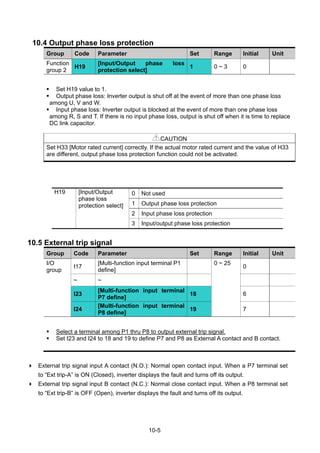 10-5
10.4 Output phase loss protection
Group Code Parameter Set Range Initial Unit
Function
group 2
H19
[Input/Output phase loss
protection select]
1 0 ~ 3 0
Set H19 value to 1.
Output phase loss: Inverter output is shut off at the event of more than one phase loss
among U, V and W.
Input phase loss: Inverter output is blocked at the event of more than one phase loss
among R, S and T. If there is no input phase loss, output is shut off when it is time to replace
DC link capacitor.
CAUTION
Set H33 [Motor rated current] correctly. If the actual motor rated current and the value of H33
are different, output phase loss protection function could not be activated.
0 Not used
1 Output phase loss protection
2 Input phase loss protection
H19 [Input/Output
phase loss
protection select]
3 Input/output phase loss protection
10.5 External trip signal
Group Code Parameter Set Range Initial Unit
I/O
group
I17
[Multi-function input terminal P1
define]
0
~ ~
I23
[Multi-function input terminal
P7 define]
18 6
I24
[Multi-function input terminal
P8 define]
19
0 ~ 25
7
Select a terminal among P1 thru P8 to output external trip signal.
Set I23 and I24 to 18 and 19 to define P7 and P8 as External A contact and B contact.
External trip signal input A contact (N.O.): Normal open contact input. When a P7 terminal set
to “Ext trip-A” is ON (Closed), inverter displays the fault and turns off its output.
External trip signal input B contact (N.C.): Normal close contact input. When a P8 terminal set
to “Ext trip-B” is OFF (Open), inverter displays the fault and turns off its output.
 