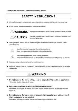 1
Thank you for purchasing LS Variable Frequency Drives!
SAFETY INSTRUCTIONS
Always follow safety instructions to prevent accidents and potential hazards from occurring.
In this manual, safety messages are classified as follows:
WARNING
CAUTION
Throughout this manual we use the following two illustrations to make you aware of safety
considerations:
Identifies potential hazards under certain conditions.
Read the message and follow the instructions carefully.
Identifies shock hazards under certain conditions.
Particular attention should be directed because dangerous voltage may be present.
Keep operating instructions handy for quick reference.
Read this manual carefully to maximize the performance of SV-iG5A series inverter and ensure
its safe use.
WARNING
Do not remove the cover while power is applied or the unit is in operation.
Otherwise, electric shock could occur.
Do not run the inverter with the front cover removed.
Otherwise, you may get an electric shock due to high voltage terminals or charged capacitor
exposure.
Do not remove the cover except for periodic inspections or wiring, even if
the input power is not applied.
Otherwise, you may access the charged circuits and get an electric shock.
Improper operation may result in slight to medium personal injury
or property damage.
Improper operation may result in serious personal injury or death.
 