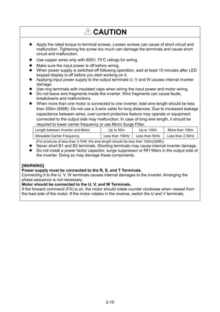 2-10
CAUTION
Apply the rated torque to terminal screws. Loosen screws can cause of short circuit and
malfunction. Tightening the screw too much can damage the terminals and cause short
circuit and malfunction.
Use copper wires only with 600V, 75℃ ratings for wiring.
Make sure the input power is off before wiring.
When power supply is switched off following operation, wait at least 10 minutes after LED
keypad display is off before you start working on it.
Applying input power supply to the output terminals U, V and W causes internal inverter
damage.
Use ring terminals with insulated caps when wiring the input power and motor wiring.
Do not leave wire fragments inside the inverter. Wire fragments can cause faults,
breakdowns and malfunctions.
When more than one motor is connected to one inverter, total wire length should be less
than 200m (656ft). Do not use a 3-wire cable for long distances. Due to increased leakage
capacitance between wires, over-current protective feature may operate or equipment
connected to the output side may malfunction. In case of long wire length, it should be
required to lower carrier frequency or use Micro Surge Filter.
Length between Inverter and Motor Up to 50m Up to 100m More than 100m
Allowable Carrier Frequency Less than 15kHz Less than 5kHz Less than 2.5kHz
(For products of less than 3.7kW, the wire length should be less than 100m(328ft)).
Never short B1 and B2 terminals. Shorting terminals may cause internal inverter damage.
Do not install a power factor capacitor, surge suppressor or RFI filters in the output side of
the inverter. Doing so may damage these components.
[WARNING]
Power supply must be connected to the R, S, and T Terminals.
Connecting it to the U, V, W terminals causes internal damages to the inverter. Arranging the
phase sequence is not necessary.
Motor should be connected to the U, V, and W Terminals.
If the forward command (FX) is on, the motor should rotate counter clockwise when viewed from
the load side of the motor. If the motor rotates in the reverse, switch the U and V terminals.
 