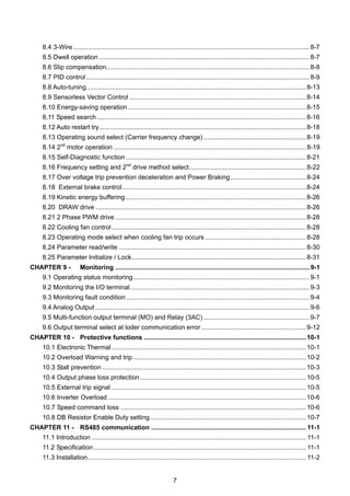 7
8.4 3-Wire ...................................................................................................................................8-7
8.5 Dwell operation .....................................................................................................................8-7
8.6 Slip compensation.................................................................................................................8-8
8.7 PID control ............................................................................................................................8-9
8.8 Auto-tuning..........................................................................................................................8-13
8.9 Sensorless Vector Control ..................................................................................................8-14
8.10 Energy-saving operation...................................................................................................8-15
8.11 Speed search ....................................................................................................................8-16
8.12 Auto restart try...................................................................................................................8-18
8.13 Operating sound select (Carrier frequency change).........................................................8-19
8.14 2nd
motor operation ...........................................................................................................8-19
8.15 Self-Diagnostic function ....................................................................................................8-21
8.16 Frequency setting and 2nd
drive method select.................................................................8-22
8.17 Over voltage trip prevention deceleration and Power Braking..........................................8-24
8.18 External brake control......................................................................................................8-24
8.19 Kinetic energy buffering ....................................................................................................8-26
8.20 DRAW drive .....................................................................................................................8-26
8.21 2 Phase PWM drive ..........................................................................................................8-28
8.22 Cooling fan control............................................................................................................8-28
8.23 Operating mode select when cooling fan trip occurs ........................................................8-28
8.24 Parameter read/write ........................................................................................................8-30
8.25 Parameter Initialize / Lock.................................................................................................8-31
CHAPTER 9 - Monitoring ............................................................................................................9-1
9.1 Operating status monitoring..................................................................................................9-1
9.2 Monitoring the I/O terminal....................................................................................................9-3
9.3 Monitoring fault condition......................................................................................................9-4
9.4 Analog Output .......................................................................................................................9-6
9.5 Multi-function output terminal (MO) and Relay (3AC)...........................................................9-7
9.6 Output terminal select at loder communication error ..........................................................9-12
CHAPTER 10 - Protective functions ..........................................................................................10-1
10.1 Electronic Thermal............................................................................................................10-1
10.2 Overload Warning and trip................................................................................................10-2
10.3 Stall prevention .................................................................................................................10-3
10.4 Output phase loss protection ............................................................................................10-5
10.5 External trip signal ............................................................................................................10-5
10.6 Inverter Overload ..............................................................................................................10-6
10.7 Speed command loss .......................................................................................................10-6
10.8 DB Resistor Enable Duty setting.......................................................................................10-7
CHAPTER 11 - RS485 communication ...................................................................................... 11-1
11.1 Introduction ....................................................................................................................... 11-1
11.2 Specification...................................................................................................................... 11-1
11.3 Installation......................................................................................................................... 11-2
 