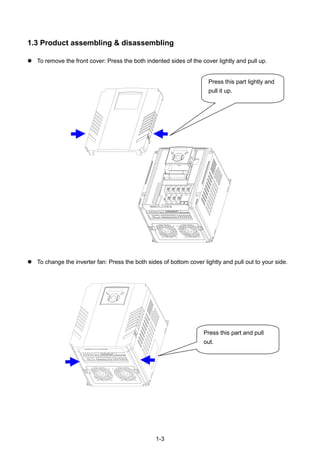 1-3
1.3 Product assembling & disassembling
 To remove the front cover: Press the both indented sides of the cover lightly and pull up.
 To change the inverter fan: Press the both sides of bottom cover lightly and pull out to your side.
Press this part lightly and
pull it up.
Press this part and pull
out.
 