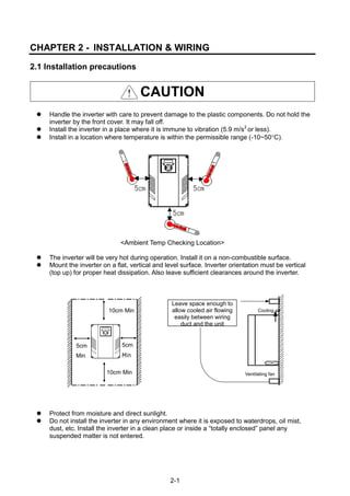 2-1
CHAPTER 2 - INSTALLATION & WIRING
2.1 Installation precautions
CAUTION
 Handle the inverter with care to prevent damage to the plastic components. Do not hold the
inverter by the front cover. It may fall off.
 Install the inverter in a place where it is immune to vibration (5.9 m/s2
or less).
 Install in a location where temperature is within the permissible range (-10~50C).
<Ambient Temp Checking Location>
 The inverter will be very hot during operation. Install it on a non-combustible surface.
 Mount the inverter on a flat, vertical and level surface. Inverter orientation must be vertical
(top up) for proper heat dissipation. Also leave sufficient clearances around the inverter.
 Protect from moisture and direct sunlight.
 Do not install the inverter in any environment where it is exposed to waterdrops, oil mist,
dust, etc. Install the inverter in a clean place or inside a “totally enclosed” panel any
suspended matter is not entered.
5cm
Min
10cm Min
5cm
Min
10cm Min Ventilating fan
Cooling air
Leave space enough to
allow cooled air flowing
easily between wiring
duct and the unit
 