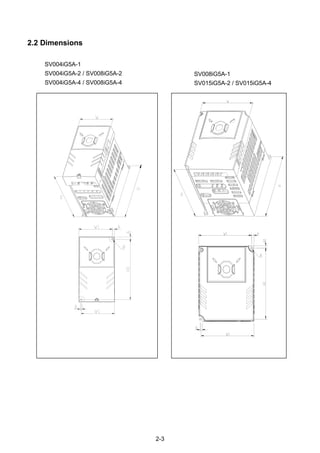2-3
2.2 Dimensions
SV004iG5A-1
SV004iG5A-2 / SV008iG5A-2
SV004iG5A-4 / SV008iG5A-4
SV008iG5A-1
SV015iG5A-2 / SV015iG5A-4
 