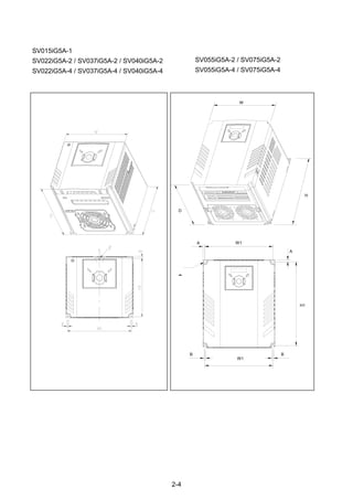 2-4
SV055iG5A-2 / SV075iG5A-2
SV055iG5A-4 / SV075iG5A-4
H
W
D
W1A
A
H1
W1
B B
Φ
SV015iG5A-1
SV022iG5A-2 / SV037iG5A-2 / SV040iG5A-2
SV022iG5A-4 / SV037iG5A-4 / SV040iG5A-4
 