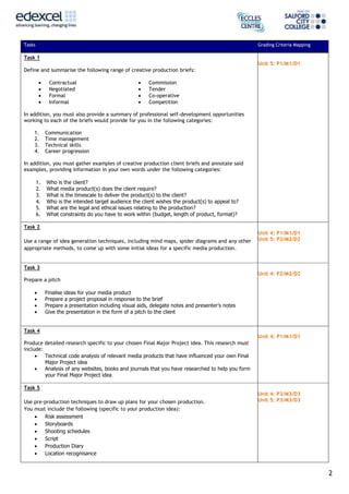 2
Tasks Grading Criteria Mapping
Task 1
Define and summarise the following range of creative production briefs:
 Contractual  Commission
 Negotiated  Tender
 Formal  Co-operative
 Informal  Competition
In addition, you must also provide a summary of professional self-development opportunities
working to each of the briefs would provide for you in the following categories:
1. Communication
2. Time management
3. Technical skills
4. Career progression
In addition, you must gather examples of creative production client briefs and annotate said
examples, providing information in your own words under the following categories:
1. Who is the client?
2. What media product(s) does the client require?
3. What is the timescale to deliver the product(s) to the client?
4. Who is the intended target audience the client wishes the product(s) to appeal to?
5. What are the legal and ethical issues relating to the production?
6. What constraints do you have to work within (budget, length of product, format)?
Unit 5: P1/M1/D1
Task 2
Use a range of idea generation techniques, including mind maps, spider diagrams and any other
appropriate methods, to come up with some initial ideas for a specific media production.
Unit 4: P1/M1/D1
Unit 5: P2/M2/D2
Task 3
Prepare a pitch
 Finalise ideas for your media product
 Prepare a project proposal in response to the brief
 Prepare a presentation including visual aids, delegate notes and presenter’s notes
 Give the presentation in the form of a pitch to the client
Unit 4: P2/M2/D2
Task 4
Produce detailed research specific to your chosen Final Major Project idea. This research must
include:
 Technical code analysis of relevant media products that have influenced your own Final
Major Project idea
 Analysis of any websites, books and journals that you have researched to help you form
your Final Major Project idea
Unit 4: P1/M1/D1
Task 5
Use pre-production techniques to draw up plans for your chosen production.
You must include the following (specific to your production idea):
 Risk assessment
 Storyboards
 Shooting schedules
 Script
 Production Diary
 Location recognisance
Unit 4: P3/M3/D3
Unit 5: P3/M3/D3
 