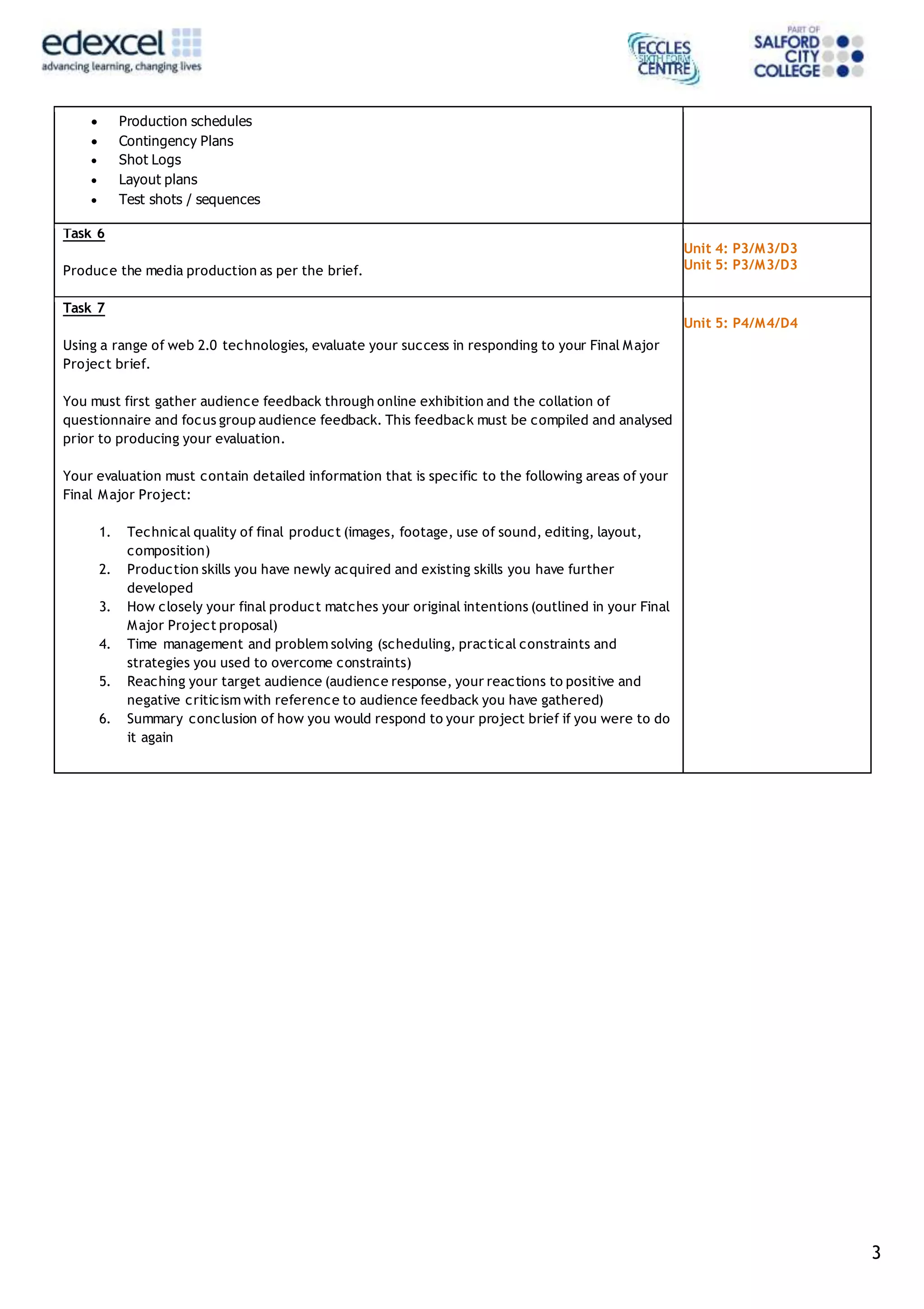 3
 Production schedules
 Contingency Plans
 Shot Logs
 Layout plans
 Test shots / sequences
Task 6
Produce the media production as per the brief.
Unit 4: P3/M3/D3
Unit 5: P3/M3/D3
Task 7
Using a range of web 2.0 technologies, evaluate your success in responding to your Final Major
Project brief.
You must first gather audience feedback through online exhibition and the collation of
questionnaire and focus group audience feedback. This feedback must be compiled and analysed
prior to producing your evaluation.
Your evaluation must contain detailed information that is specific to the following areas of your
Final Major Project:
1. Technical quality of final product (images, footage, use of sound, editing, layout,
composition)
2. Production skills you have newly acquired and existing skills you have further
developed
3. How closely your final product matches your original intentions (outlined in your Final
Major Project proposal)
4. Time management and problem solving (scheduling, practical constraints and
strategies you used to overcome constraints)
5. Reaching your target audience (audience response, your reactions to positive and
negative criticism with reference to audience feedback you have gathered)
6. Summary conclusion of how you would respond to your project brief if you were to do
it again
Unit 5: P4/M4/D4
 