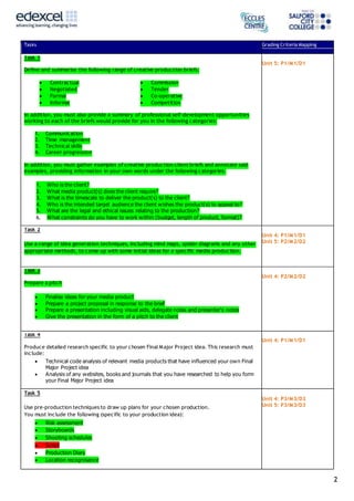 2
Tasks Grading Criteria Mapping
Task 1
Define and summarise the following range of creative production briefs:
 Contractual  Commission
 Negotiated  Tender
 Formal  Co-operative
 Informal  Competition
In addition, you must also provide a summary of professional self-development opportunities
working to each of the briefs would provide for you in the following categories:
1. Communication
2. Time management
3. Technical skills
4. Career progression
In addition, you must gather examples of creative production client briefs and annotate said
examples, providing information in your own words under the following categories:
1. Who is the client?
2. What media product(s) does the client require?
3. What is the timescale to deliver the product(s) to the client?
4. Who is the intended target audience the client wishes the product(s) to appeal to?
5. What are the legal and ethical issues relating to the production?
6. What constraints do you have to work within (budget, length of product, format)?
Unit 5: P1/M1/D1
Task 2
Use a range of idea generation techniques, including mind maps, spider diagrams and any other
appropriate methods, to come up with some initial ideas for a specific media production.
Unit 4: P1/M1/D1
Unit 5: P2/M2/D2
Task 3
Prepare a pitch
 Finalise ideas for your media product
 Prepare a project proposal in response to the brief
 Prepare a presentation including visual aids, delegate notes and presenter’s notes
 Give the presentation in the form of a pitch to the client
Unit 4: P2/M2/D2
Task 4
Produce detailed research specific to your chosen Final Major Project idea. This research must
include:
 Technical code analysis of relevant media products that have influenced your own Final
Major Project idea
 Analysis of any websites, books and journals that you have researched to help you form
your Final Major Project idea
Unit 4: P1/M1/D1
Task 5
Use pre-production techniques to draw up plans for your chosen production.
You must include the following (specific to your production idea):
 Risk assessment
 Storyboards
 Shooting schedules
 Script
 Production Diary
 Location recognisance
Unit 4: P3/M3/D3
Unit 5: P3/M3/D3
 