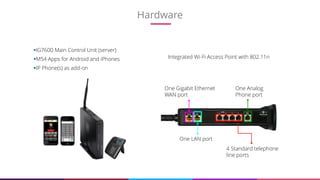 Hardware
10
4 Standard telephone
line ports
One Analog
Phone port
One Gigabit Ethernet
WAN port
One LAN port
Integrated Wi-Fi Access Point with 802.11n
IG7600 Main Control Unit (server)
M54 Apps for Android and iPhones
IP Phone(s) as add-on
 