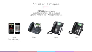 Smart or IP Phones
11
M54
Smartphone App
IP2061 M22 M62c
IG7600 System supports:
Up to 16 smartphones (iOS or Android)
Up to 49 IP Phones and 1 Analog phone or FAX
 