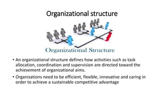 Organizational structure
• An organizational structure defines how activities such as task
allocation, coordination and supervision are directed toward the
achievement of organizational aims.
• Organizations need to be efficient, flexible, innovative and caring in
order to achieve a sustainable competitive advantage
 