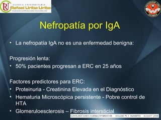 Nefropatía por IgA
• La nefropatía IgA no es una enfermedad benigna:
Progresión lenta:
• 50% pacientes progresan a ERC en 25 años
Factores predictores para ERC:
• Proteinuria - Creatinina Elevada en el Diagnóstico
• Hematuria Microscópica persistente - Pobre control de
HTA
• Glomeruloesclerosis – Fibrosis intersticial
 