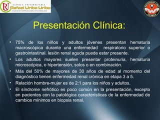 Presentación Clínica:
• 75% de los niños y adultos jóvenes presentan hematuria
macroscópica durante una enfermedad respiratorio superior o
gastrointestinal. lesión renal aguda puede estar presente.
• Los adultos mayores suelen presentar proteinuria, hematuria
microscópica, o hipertensión, solos o en combinación.
• Más del 50% de mayores de 30 años de edad al momento del
diagnóstico tienen enfermedad renal crónica en etapa 3 a 5.
• Relación hombre-mujer es de 2:1 para los niños y adultos.
• El síndrome nefrótico es poco común en la presentación, excepto
en pacientes con la patológica características de la enfermedad de
cambios mínimos en biopsia renal.
 