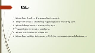 USES-
1. It is used as a demulcent & as an emollient in cosmetic.
2. Tragacanth is used as a thickening, suspending & as as emulsifying agent.
3. It is used along with acacia as a suspending agent.
4. Tragacanth powder is used as an adhesive.
5. It is also used in lotions for external use.
6. It is used as a stabiliser for ice-cream in 0.2-0.3 percent concentration and also in sauces.
 