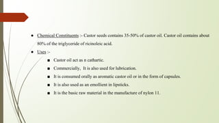 ● Chemical Constituents :- Castor seeds contains 35-50% of castor oil. Castor oil contains about
80% of the triglyceride of ricinoleic acid.
● Uses :-
■ Castor oil act as n cathartic.
■ Commercially, It is also used for lubrication.
■ It is consumed orally as aromatic castor oil or in the form of capsules.
■ It is also used as an emollient in lipsticks.
■ It is the basic raw material in the manufacture of nylon 11.
 