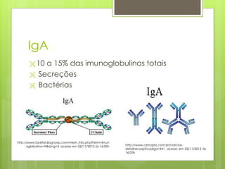 IgA
 10 a 15% das imunoglobulinas totais
 Secreções
 Bactérias
http://www.cenapro.com.br/noticias-
detalhes.asp?codigo=441, acesso em 02/11/2015 às
16:05h
http://www.lookfordiagnosis.com/mesh_info.php?term=Imun
oglobulina+A&lang=3, acesso em 02/11/2015 às 16:05h
 