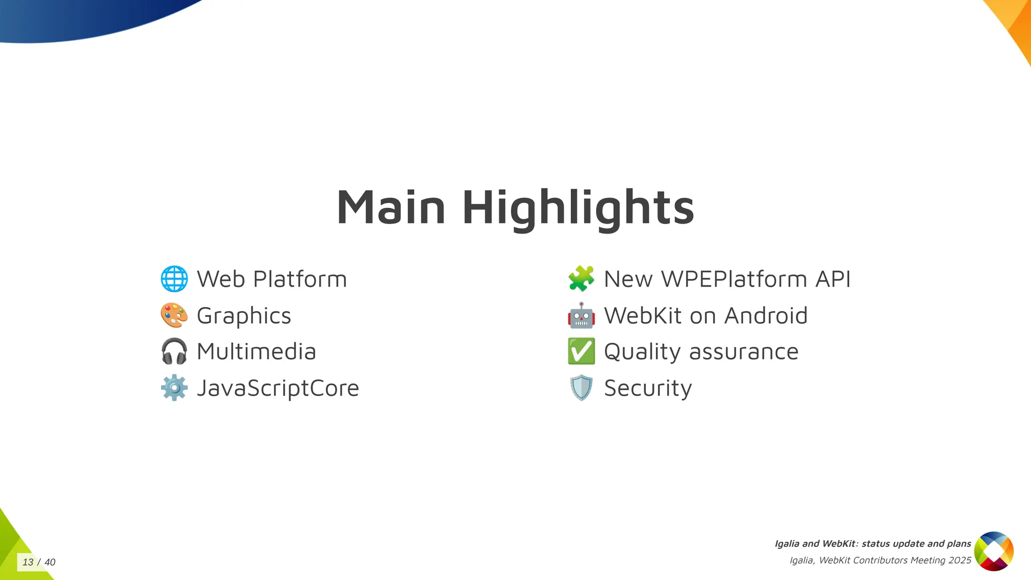 Main Highlights
🌐Web Platform
🎨Graphics
🎧Multimedia
⚙️JavaScriptCore
🧩New WPEPlatform API
🤖WebKit on Android
✅Quality assurance
🛡️Security
Igalia and WebKit: status update and plans
Igalia, WebKit Contributors Meeting 2025
13 / 40
 