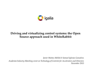 Driving and virtualizing control systems: the Open
Source approach used in WhiteRabbit

Javier Muñoz Mellid & Samuel Iglesias Gonsalvez
Academia-Industry Matching event on Technology of Controls for Accelerators and Detectors
November 2013

 