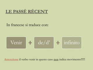 LE PASSÉ RÉCENT
In francese si traduce con:
Venir de/d’ infinito
Attenzione il verbo venir in questo caso non indica movimento!!!!!!
 